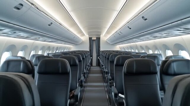 Empty airplane cabin interior, looking down aisle with rows of dark seats, overhead bins