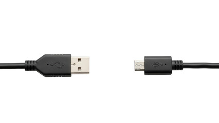 Black USB-A and Micro-USB plugs facing each other on a clean white background. A concise composition showing standard connectors for data transfer and charging
