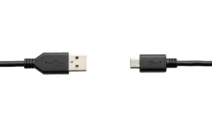 Black USB-A and Micro-USB plugs facing each other on a clean white background. A concise composition showing standard connectors for data transfer and charging

