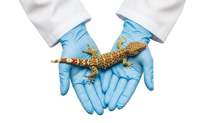 spotted Tokay gecko resting on the palms of a veterinarian wearing blue medical gloves, isolated on a white background
