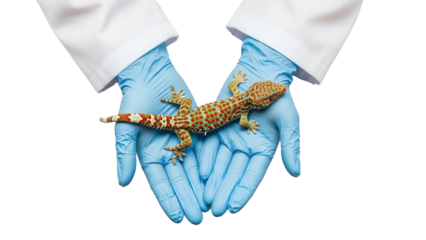 spotted Tokay gecko resting on the palms of a veterinarian wearing blue medical gloves, isolated on a white background
