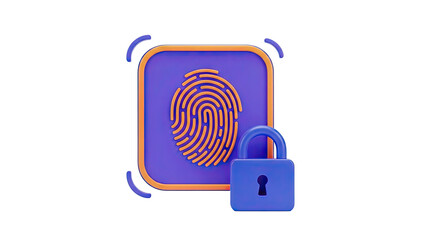 3D fingerprint scan icon with padlock for security on transparent background