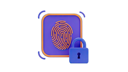 3D fingerprint scan icon with padlock for security on transparent background
