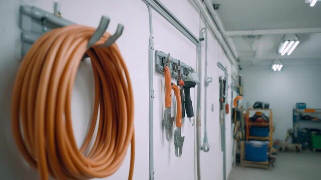 Organized workshop with coiled orange cables hanging on the wall