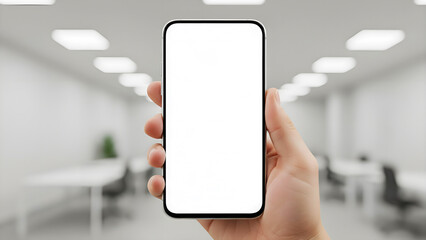 Hand holding mobile phone with blank white screen mockup in vertical portrait position against blurred modern office interior for app design presentation digital marketing advertising