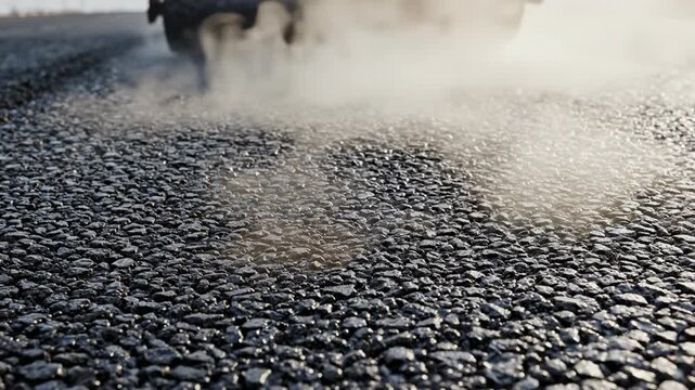 Extremely detailed close-up shot of freshly laid asphalt road surface texture emitting steam after compaction on a newly completed highway section material science, automation, heat