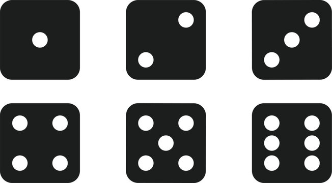 Set of six black minimalist dice icons, showing numbers one to six, flat vector illustration for board games, gambling, luck.