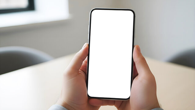 Hand holding mobile phone with blank white screen mockup in vertical portrait position using both hands on office background for app design presentation digital marketing advertising
 - Powered by Adobe