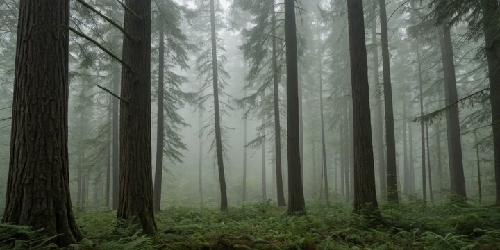 Mystischer Nebelwald im Fr&uuml;hling, dichte B&auml;ume und moosbewachsene Erde im Wald