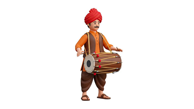 3D character playing dhol drum on transparent background