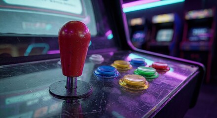 Close Up of Retro Arcade Machine Joystick and Buttons with Neon Lighting