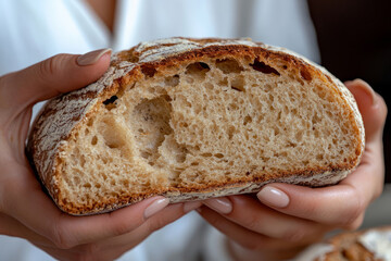  close-up of a woman's hands holding a whole wheat bread,