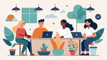 Global adaptation. Diverse team working together on laptops in modern coworking space with plants and natural light