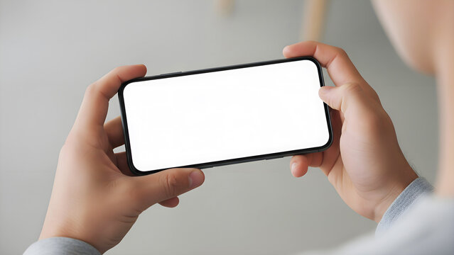 Hand holding mobile phone mockup with blank white screen in landscape view over shoulder for app design presentation digital marketing advertising social media display technology device
 - Powered by Adobe