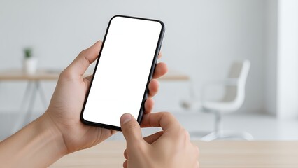 Close-up of Hands Holding Smartphone with Blank White Screen for Mockup in Bright Office