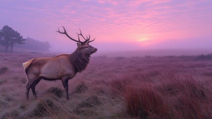 Majestic stag at dawn, misty landscape