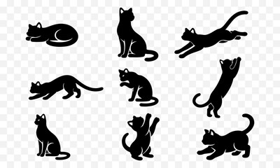 Fototapeta premium Minimal black cat silhouettes Large set of showing dynamic jumping and running poses, clean vector style perfect for icons, logos, stickers, and motion graphics on transparent background.