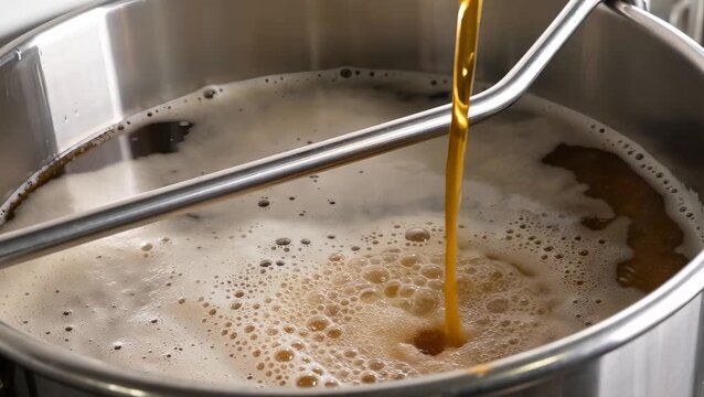 Brewing Fresh Beer in a Stainless Steel Kettle with Foam and Golden Liquid