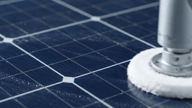 A dynamic close-up shot captures an automated or robotic cleaning brush meticulously working on the surface of a photovoltaic solar panel. The white, circular brush spins rapidly, gently sweeping acro