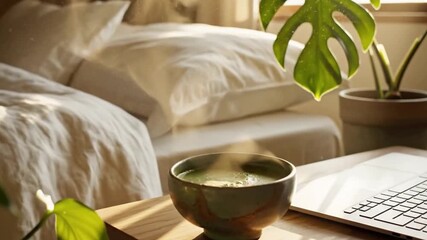 Cozy Morning Scene with Steaming Matcha Tea and Laptop on a Wooden Table Near a Window