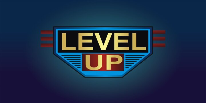 Level up logo design with golden text and blue frame on dark gradient background for gaming