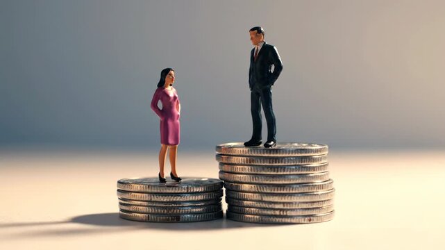 Conceptual gender pay gap theme featuring miniature figures of a woman and man on unequal coin stacks showcasing economic inequality.