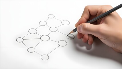 Hand holding a pencil drawing a complex organizational chart or network diagram on white paper.