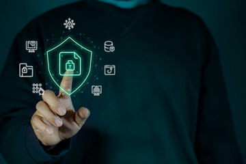 Cyber security concept with digital shield and protected data file icon on virtual network interface