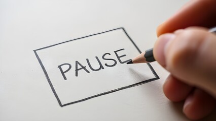 Close up of a hand drawing the word pause inside a rectangular box with a pencil on white paper