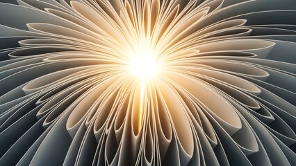 Abstract glowing light emanating from the center of numerous curved, overlapping white paper layers forms a beautiful bloom