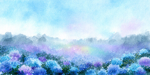 水彩で描いた紫陽花の咲く野原