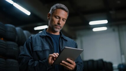 Mindful man checking tablet in tire warehouse for inventory management - Powered by Adobe