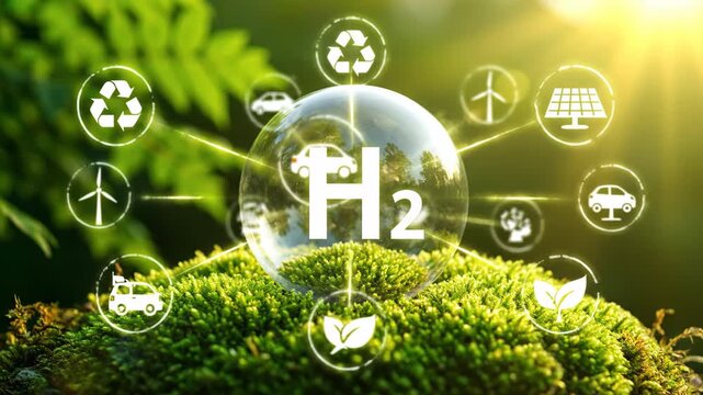 A glass orb with H2 symbol rests on green moss surrounded by renewable energy icons, symbolizing clean hydrogen energy in a sunny, natural environment.