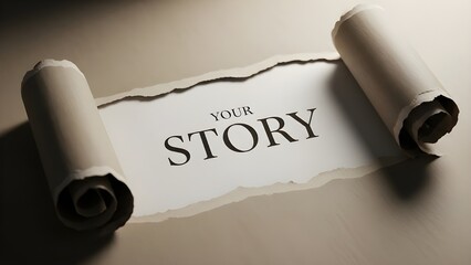 Torn paper scroll with 'YOUR STORY' text on a beige background