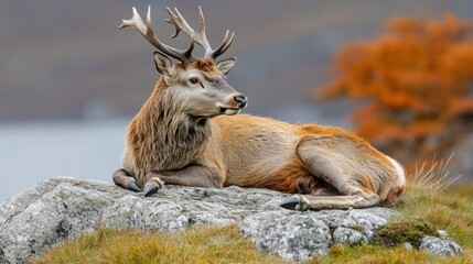 Majestic stag resting on rock.  Autumnal landscape