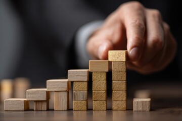 Hand supports golden justice scale constructed from wooden blocks in a professional setting, representing growth and balance in decision-making and fairness