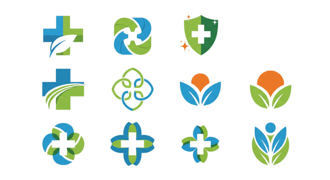 Healthcare and Wellness Logo Collection Medical Cross Shield and Organic Leaf Icons Branding