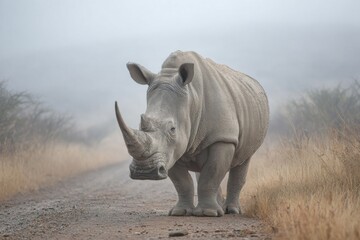 Obraz premium White rhinoceros walks along a misty road in a wildlife reserve, showcasing its impressive size and unique features in a natural habitat setting