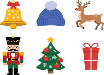 Naklejka premium Colorful Christmas Holiday Vector Set Featuring Nutcracker Reindeer Decorated Tree Gift Box and Winter Beanie