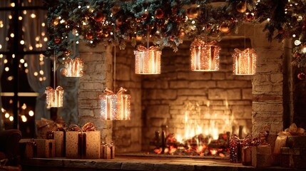 Cozy Christmas scene with a warm fireplace, glowing hanging gift boxes, and festive string lights creating a magical holiday atmosphere.