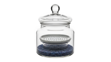 Clear glass jar with blue desiccant beads and perforated tray transparent container