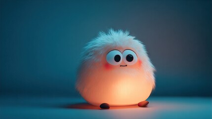 A cute, fluffy, glowing creature with big eyes and a small smile in a dark, moody setting.