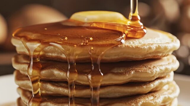 Extremely detailed macro close-up of thick, dark golden maple syrup slowly pouring and dripping over a stack of perfectly prepared fluffy breakfast pancakes breakfast, kitchen scene, coating