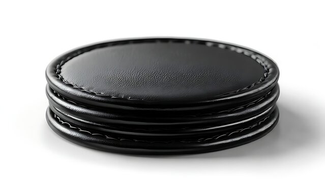 Stack of black, round coasters made from leather, with stitched edges, resting on a white surface. The light causes shadows