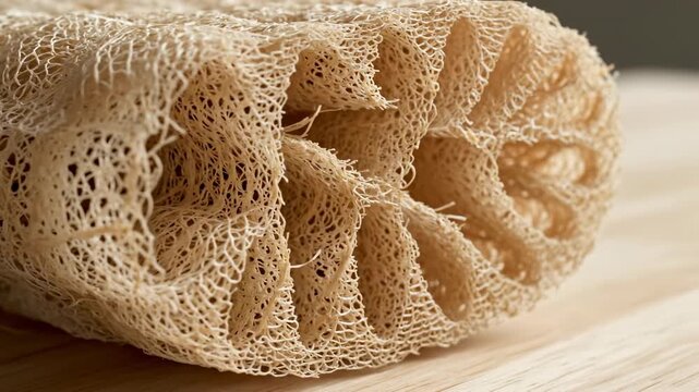 Extremely detailed macro shot capturing the rough fibrous texture of a dry natural organic loofah sponge on a light wooden countertop hygiene, self care, loofah sponge