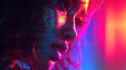 Close-up profile of a woman's face illuminated by vibrant neon lights with a digital glitch effect.