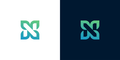 Elegant green and blue gradient logo design featuring a stylized knot or butterfly shape on white and dark backgrounds, symbolizing connection and fluidity
