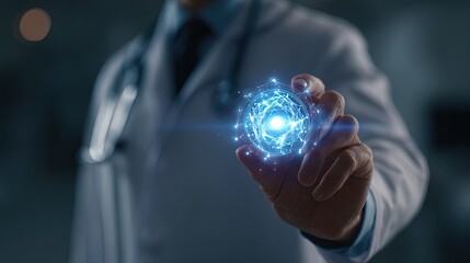 Doctor holding a glowing blue futuristic medical technology sphere representing innovation and data.