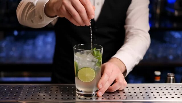 Bartender Mixing a Refreshing Mojito Cocktail with Lime and Mint