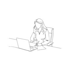 One continuous line drawing of a business woman multitasking at a desk. Female employee talking on a mobile phone and writing notes while working on a laptop computer. Minimalist vector illustration.
